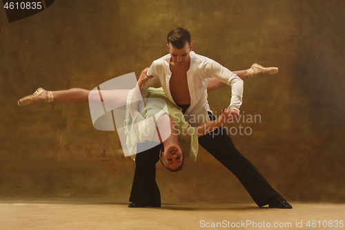 Image of Flexible young modern dance couple posing in studio.