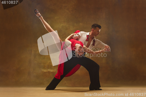 Image of Flexible young modern dance couple posing in studio.