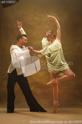 Image of Flexible young modern dance couple posing in studio.