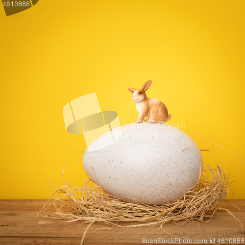 Image of sweet Easter Bunny is sitting on a big egg yellow background