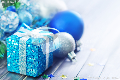 Image of christmas decoration on wooden background