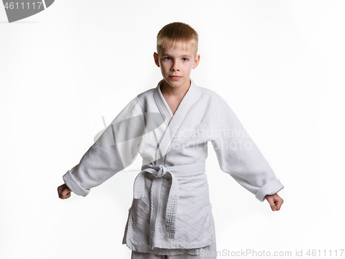 Image of Portrait of an athlete boy in a white mastiff, with arms divorced