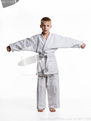 Image of Full-length portrait of a boy in a sporting kimono with spread arms