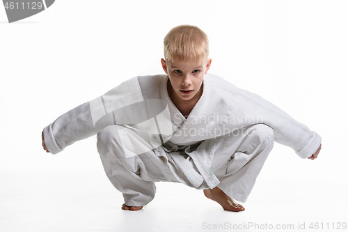 Image of Martial arts student dressed in a kimono performs a squat