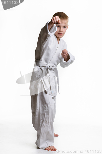 Image of Karate boy hits with his right hand, white background
