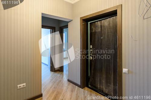 Image of Entrance door to the apartment and interior doors to different rooms, view from the corridor
