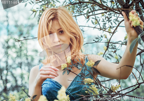 Image of Young Blonde Woman Among Blossoming Trees