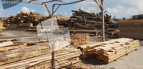 Image of Pile of logs in a sawmill for further processing