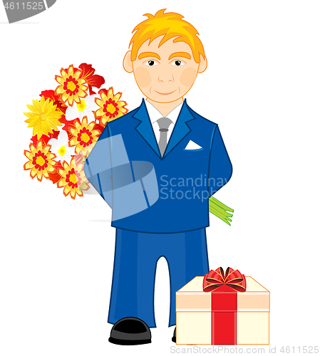 Image of Young person with bouquet flower and gift