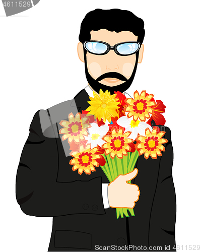 Image of Man in fashionable suit with bouquet flower