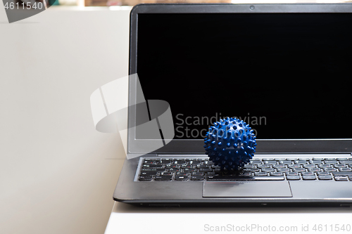 Image of Black notebook and microscope virus close up. Coronavirus concept. Work from home concept