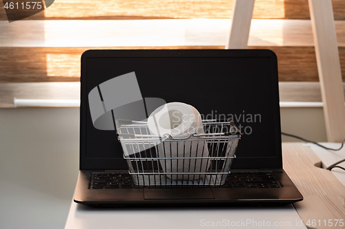 Image of Conceptual photo with miniature shopping-basket and wc paper. Safety internet shopping.