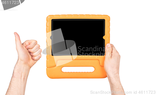 Image of Tablet in a bright cover, designed for children