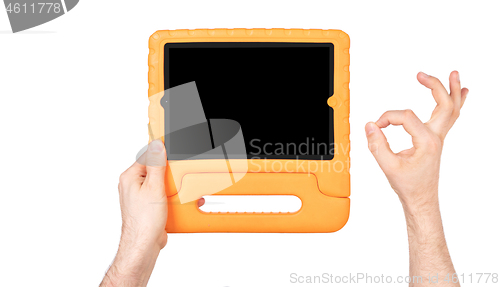 Image of Tablet in a bright cover, designed for children