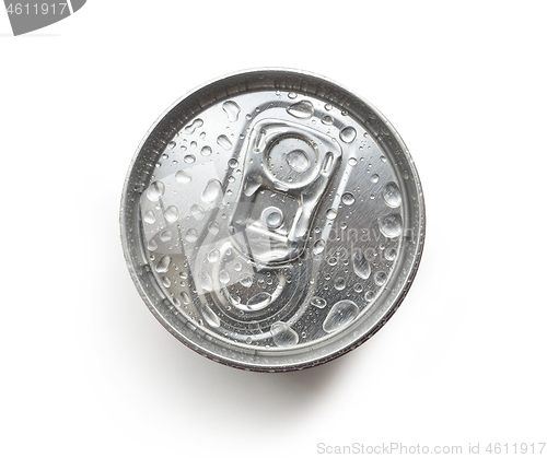 Image of cola can with water drops on white background