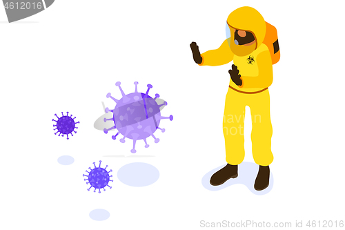 Image of Doctor in protective coverall stop coronavirus