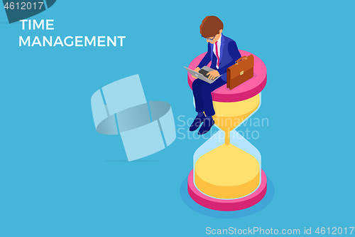 Image of time management with business man and hourglass