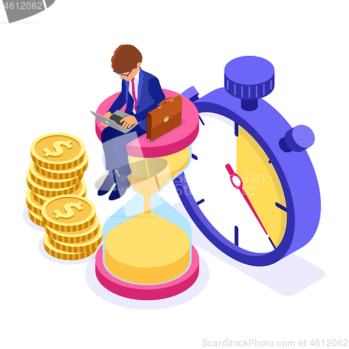 Image of time management with business man and hourglass