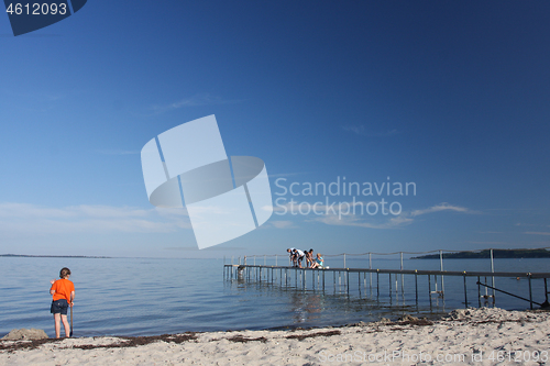 Image of Cute girl fishing crabs at the beach in the summer