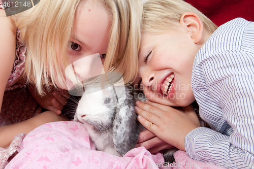 Image of Portrait of a brother and sister in studio with a rabbit