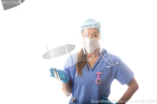 Image of Doctor nurse pathologist holding swabs to test COVID-19