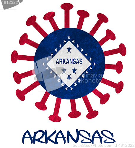 Image of State flag of Arkansas with corona virus or bacteria