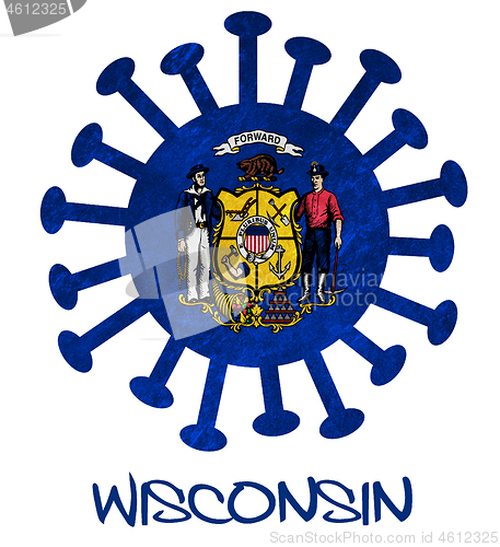 Image of State flag of Wisconsin with corona virus or bacteria