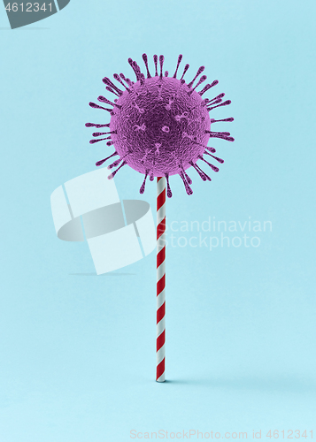 Image of 3D Coronavirus bacteria on a plastic straw as a candy.