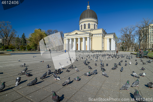 Image of Unisually few people in cathedral square park in the center of Chisinau, Moldova during state of emergency by the reason of covid-19 virus threat