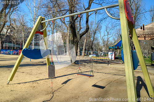 Image of Empty children playground in cathedral square park in the center of Chisinau, Moldova during state of emergency by the reason of covid-19 virus threat