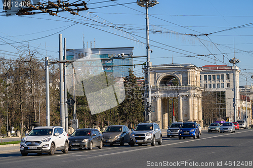 Image of Daytime transport traffic at The Great National Assembly Square in Chisinau, Moldova