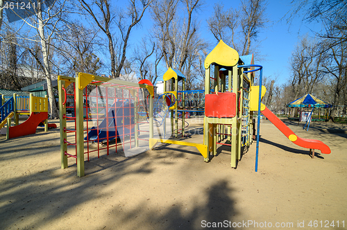 Image of Empty children playground in cathedral square park in the center of Chisinau, Moldova during state of emergency by the reason of covid-19 virus threat