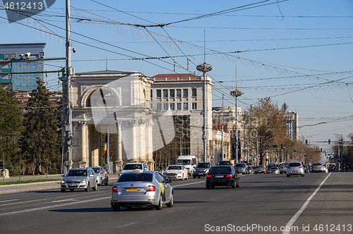 Image of Daytime transport traffic at The Great National Assembly Square in Chisinau, Moldova