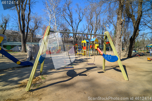 Image of Empty children playground in cathedral square park in the center of Chisinau, Moldova during state of emergency by the reason of covid-19 virus threat