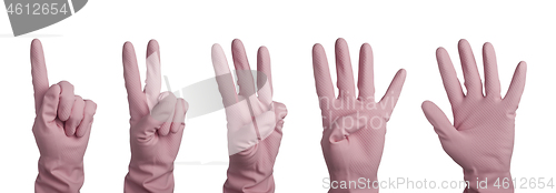 Image of Hand in pink glove counting to five