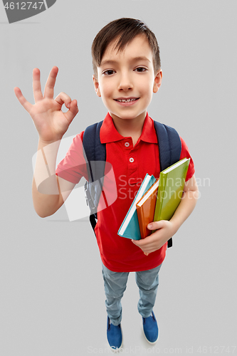 Image of student boy with books and school bag showing ok