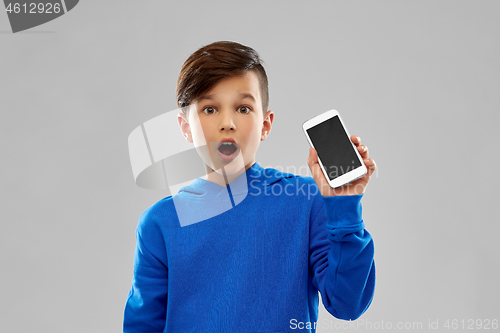 Image of shocked boy in blue hoodie showing smartphone