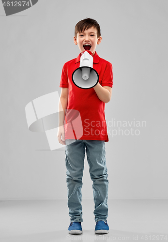 Image of little boy in red polo shouting to megaphone