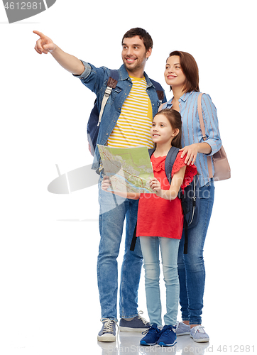 Image of happy family with travel map and backpacks