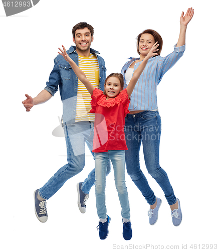 Image of happy family jumping over white background