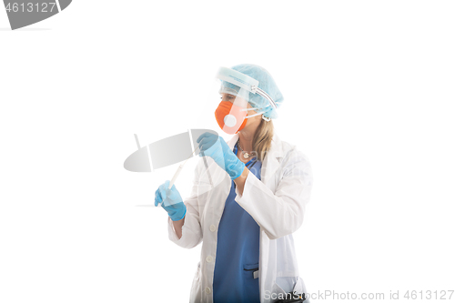 Image of Doctor nurse or pathologist holding a nose throat swab for COVID