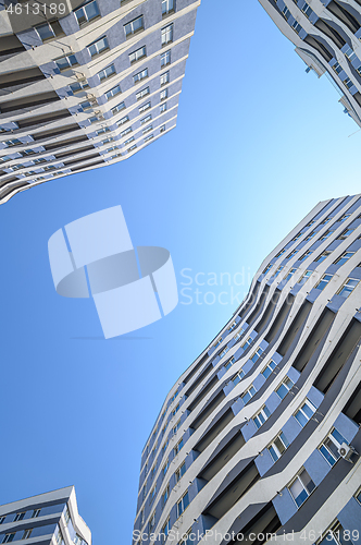 Image of Wide angle shot of new apartments buildings exterior