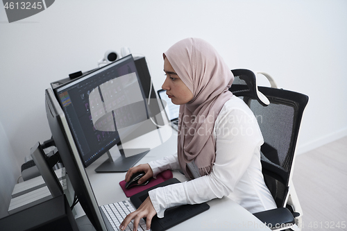 Image of Arabic creative professional  working at home office on desktop 