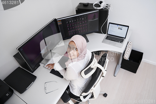 Image of Arabic creative professional  working at home office top view