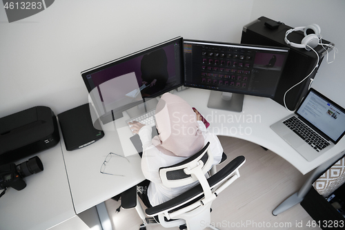 Image of Arabic creative professional  working at home office top view