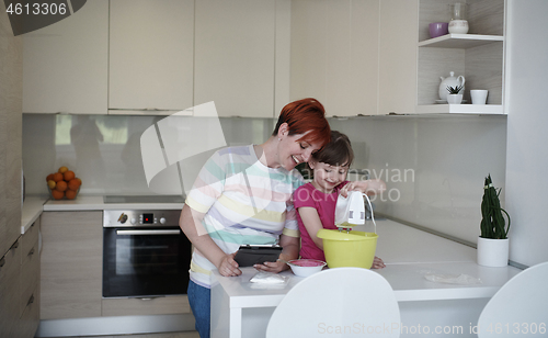 Image of Mother and daughter playing and preparing dough in the kitchen.