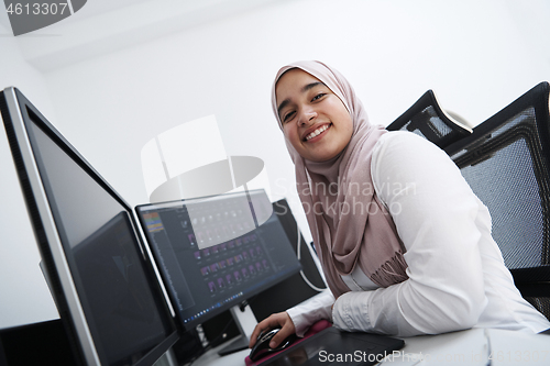 Image of Arabic creative professional  working at home office on desktop 