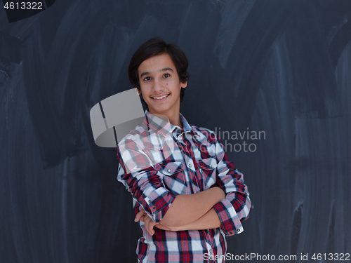 Image of portrait  of smart looking arab teenager  against black chalkboa