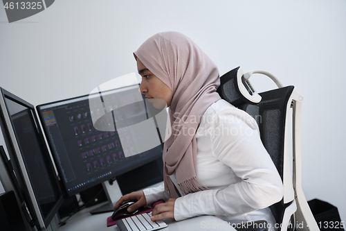 Image of Arabic creative professional  working at home office on desktop 