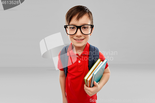 Image of smiling student boy in glasses with books and bag